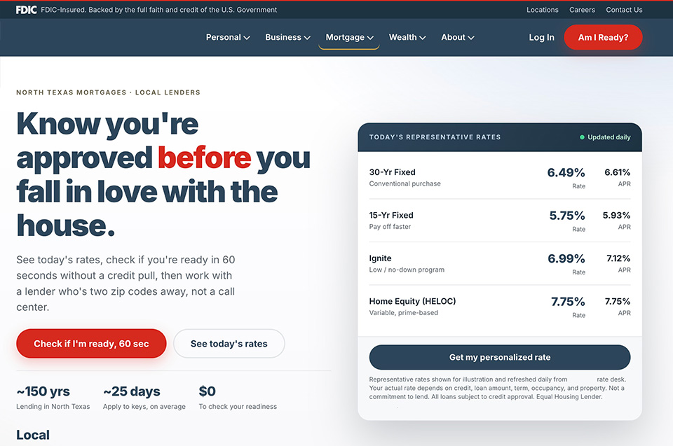 Reimagined mortgage page with published rates, a 60-second readiness check, and a local-lender promise