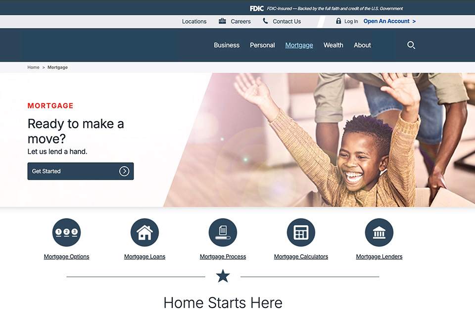 A typical regional-bank mortgage page with a stock photo and a generic call to action