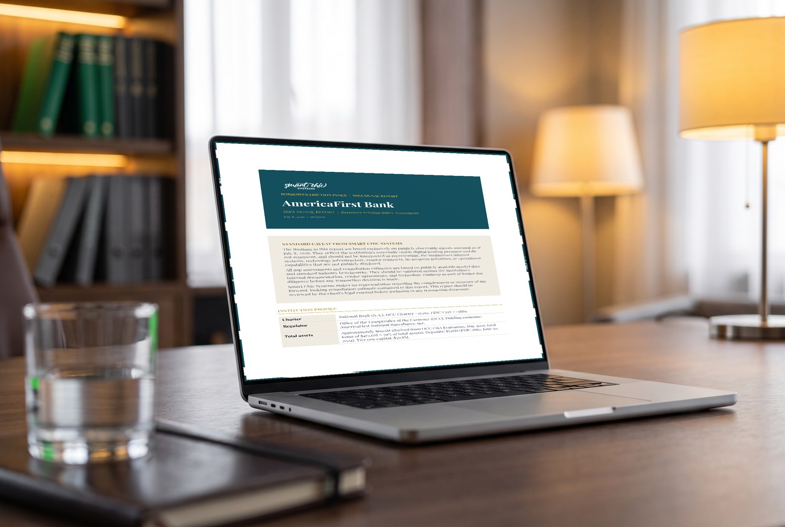 M&A Signal Report cover page, shown on a laptop screen